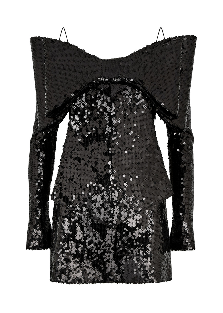 Mach & Mach Bow-embellished Sequin Mini Dress In Black