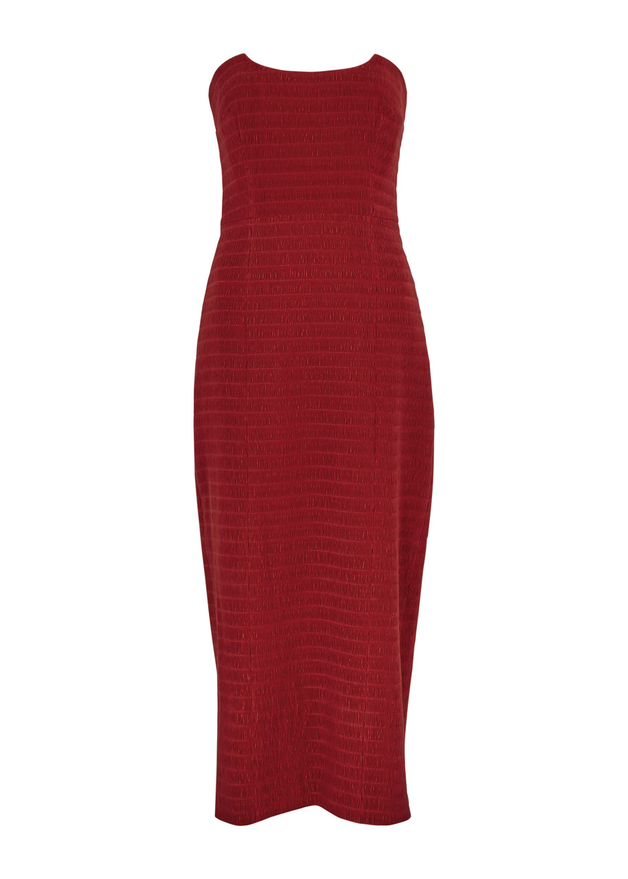 Shop Emilia Wickstead Ryder Smocked Satin Midi Dress In Red