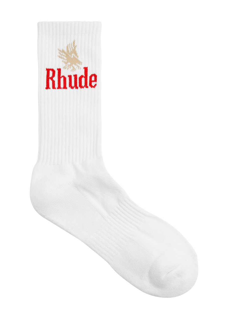 Rhude Eagles Logo Cotton-blend Socks In White And Red