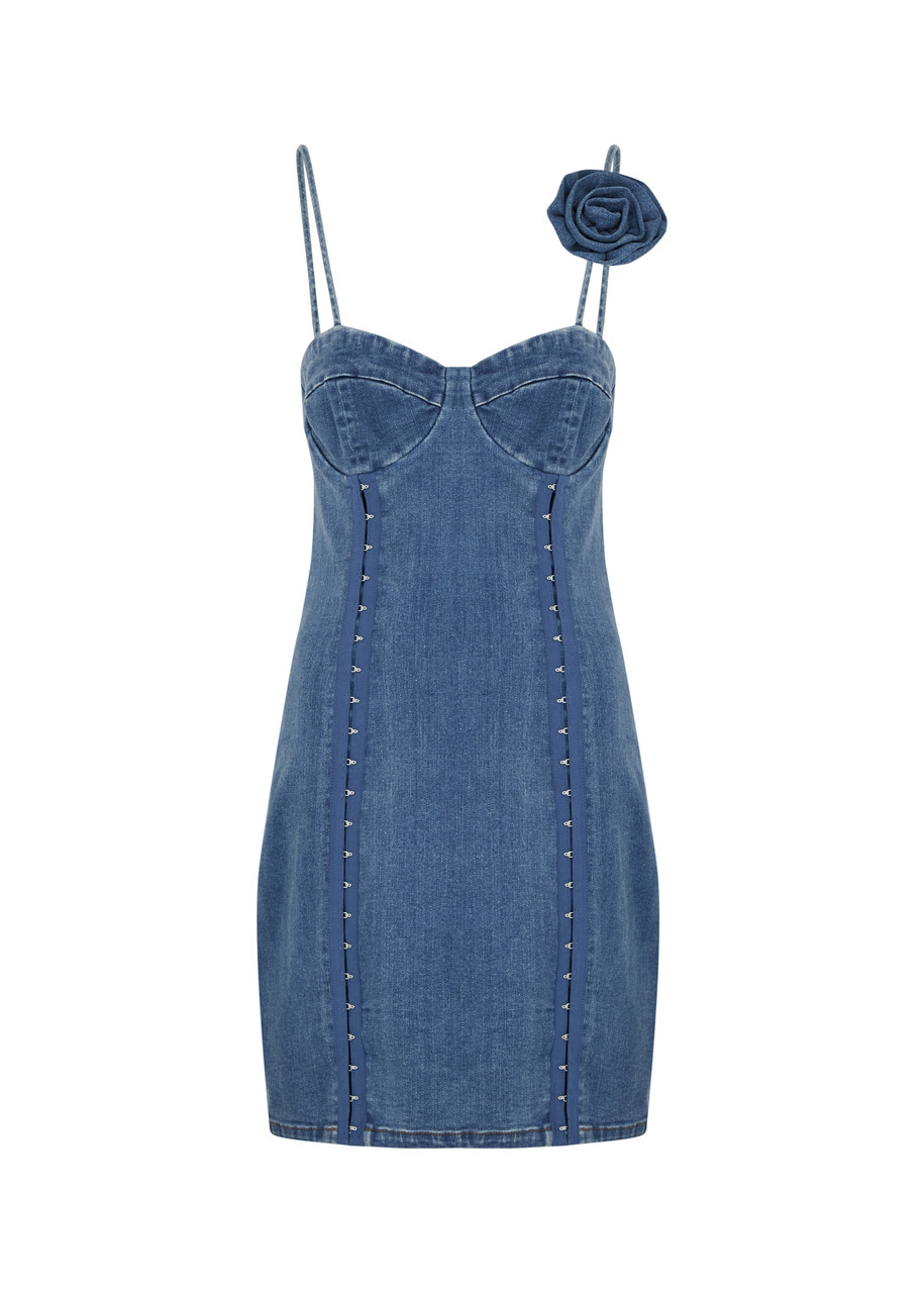Shop Rotate Birger Christensen Floral-appliquéd Stretch-denim Mini Dress In Dark Blue
