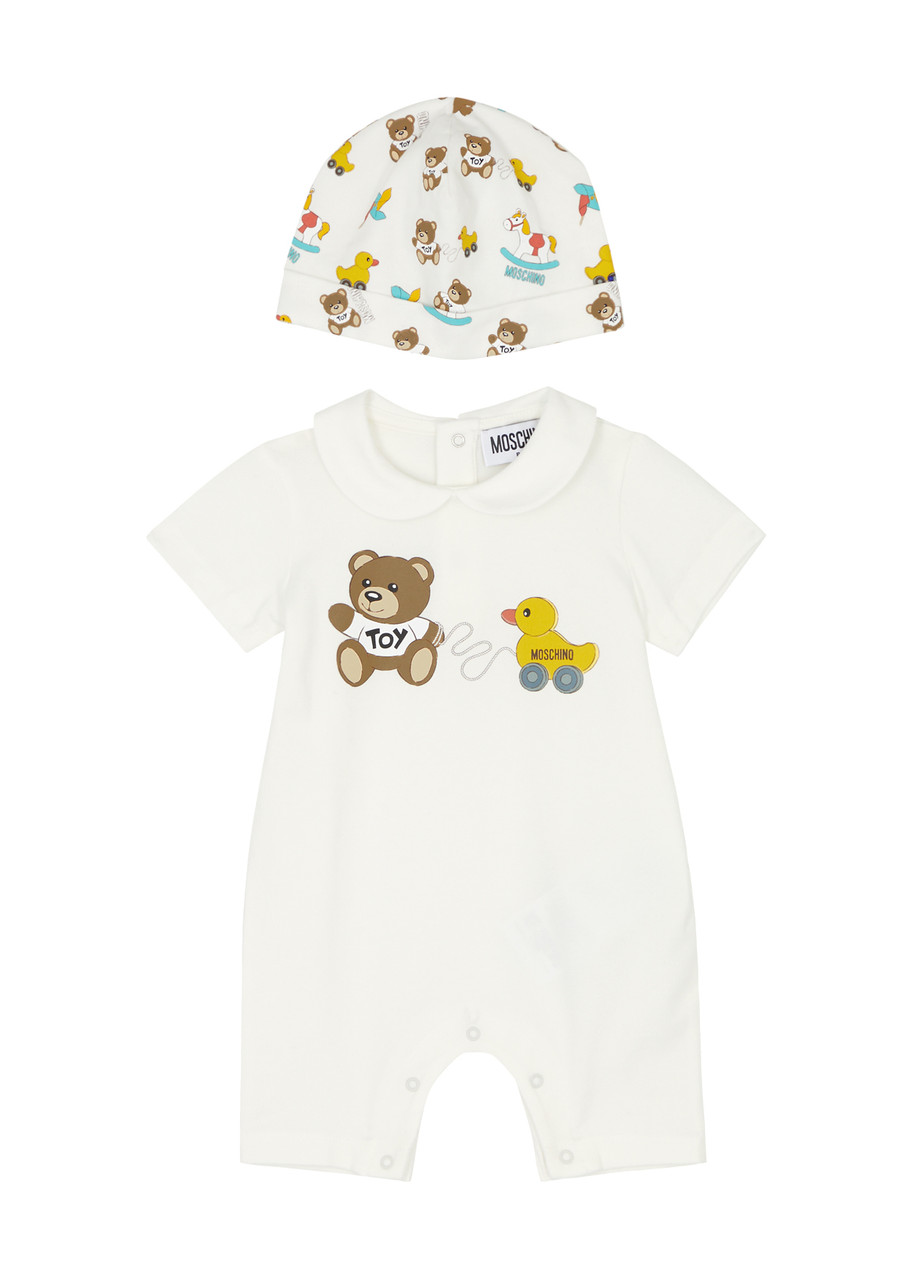 Moschino Kids Printed Stretch-cotton Babygrow And Hat Set In White