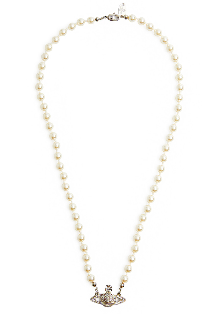 Vivienne Westwood Mini Bas Relief Orb Faux Pearl Necklace In Silver