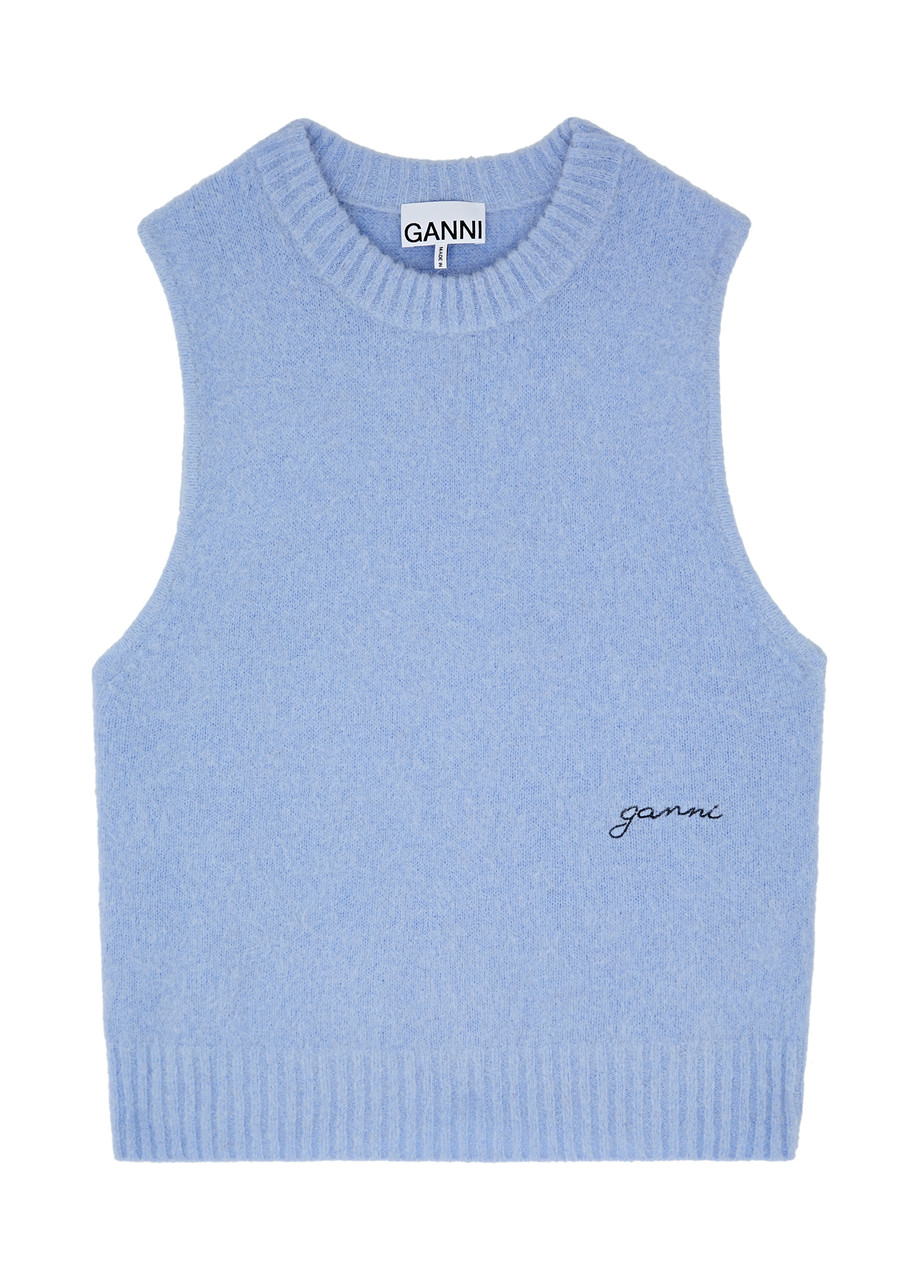 Ganni Logo-embroidered Alpaca-blend Vest In Light Blue