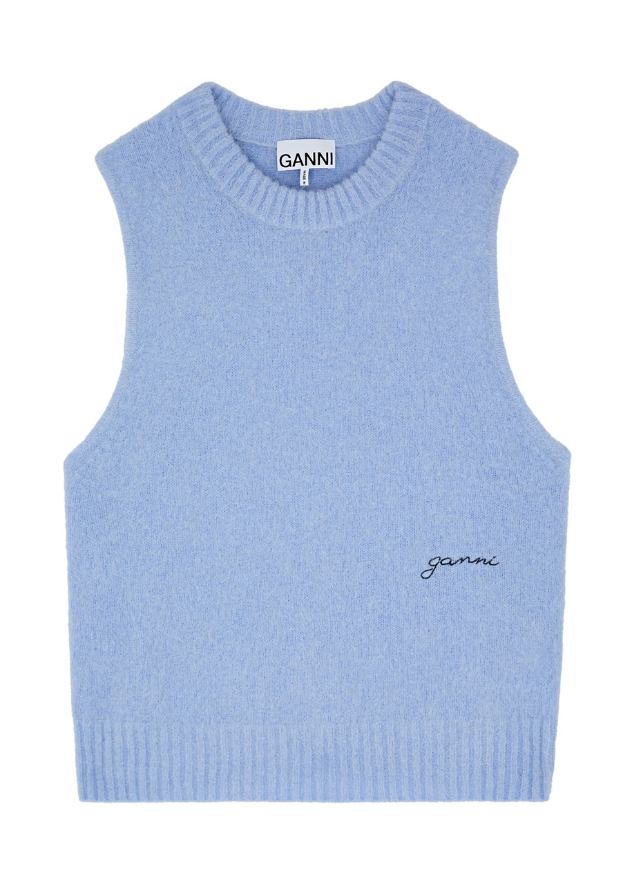 Shop Ganni Logo-embroidered Alpaca-blend Vest In Light Blue