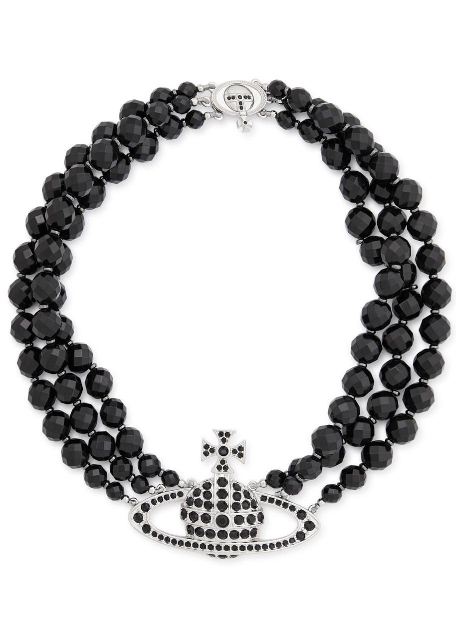 Vivienne Westwood Messaline Three Row Beaded Choker In Black And Silver