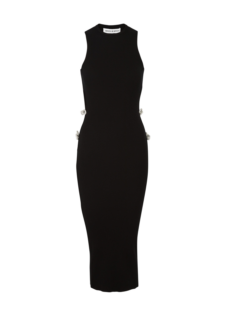 Shop Mach & Mach Embellished Stretch-knit Midi Dress In Black