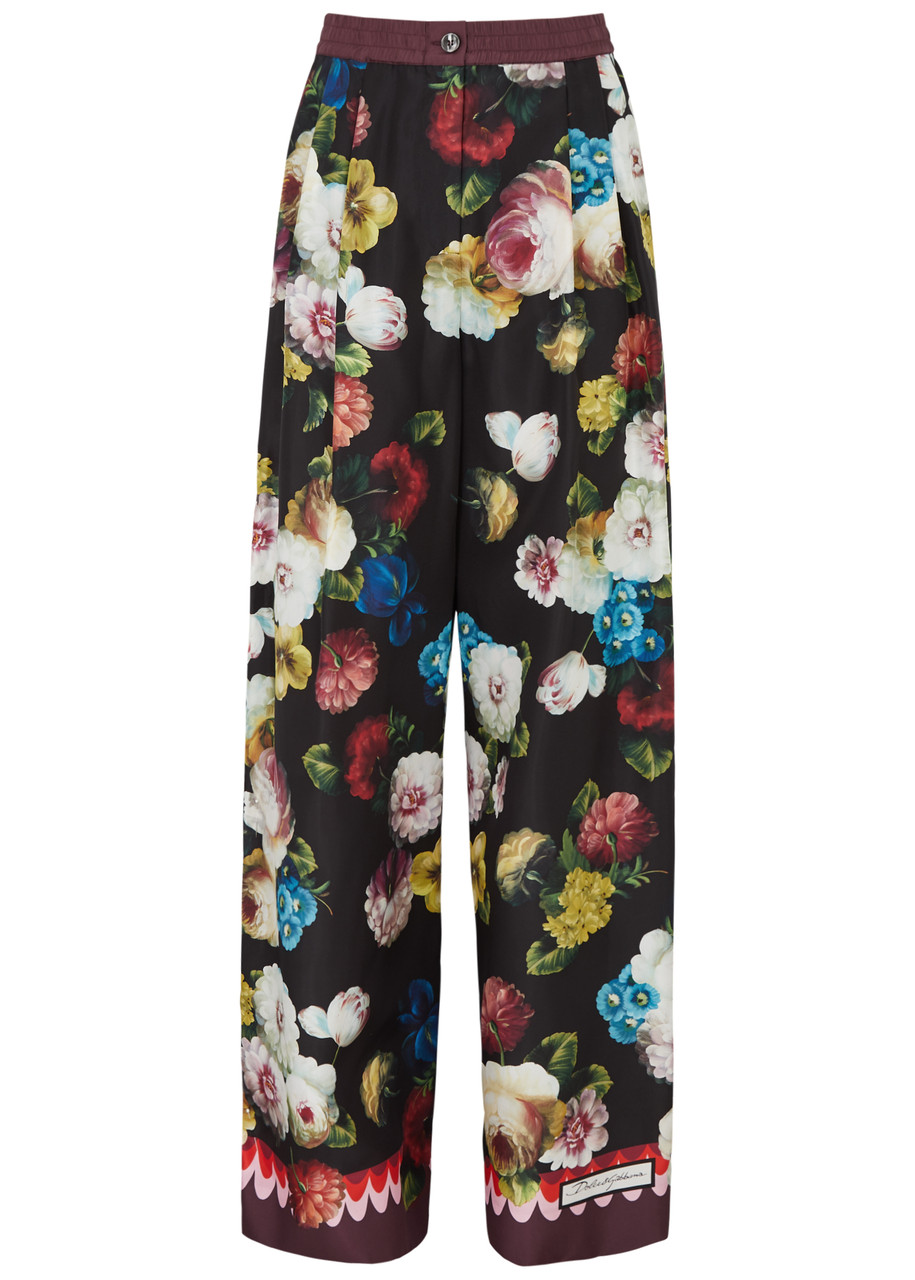 Shop Dolce & Gabbana Floral-print Wide-leg Silk-satin Trousers In Black