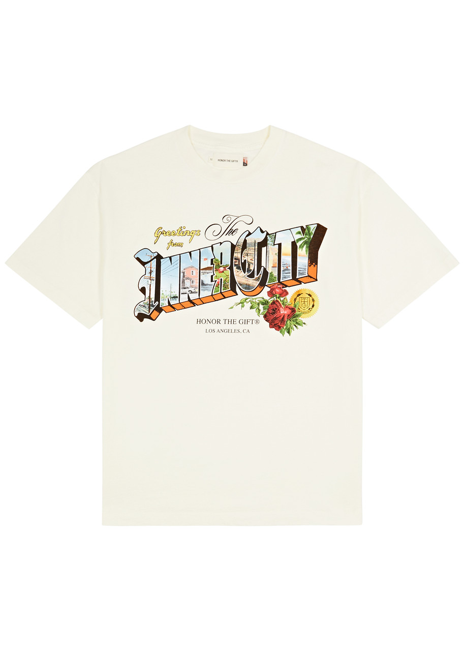 Shop Honor The Gift Greetings 2.0 Printed Cotton T-shirt In Cream