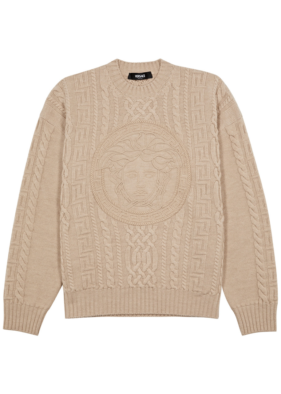 Shop Versace Medusa-embroidered Cable-knit Wool Jumper In Beige