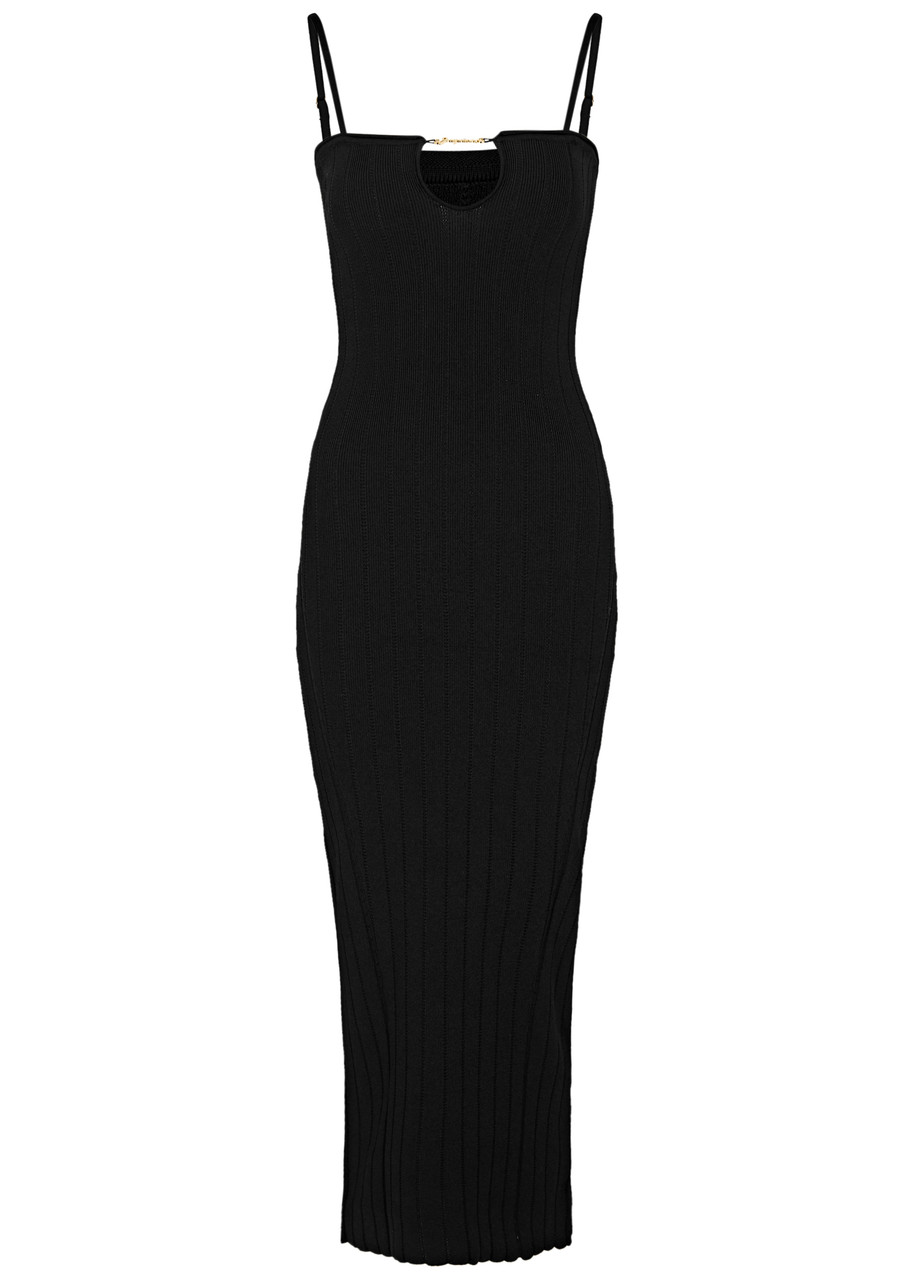 Jacquemus La Robe Sierra Bretelles Ribbed-knit Midi Dress In Black