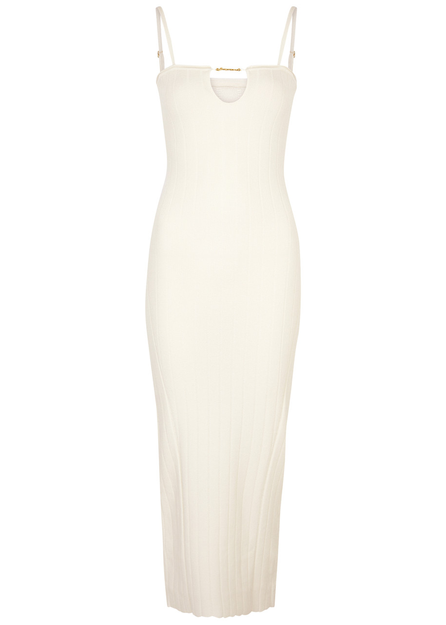 Jacquemus La Robe Sierra Bretelles Ribbed-knit Midi Dress In Off White