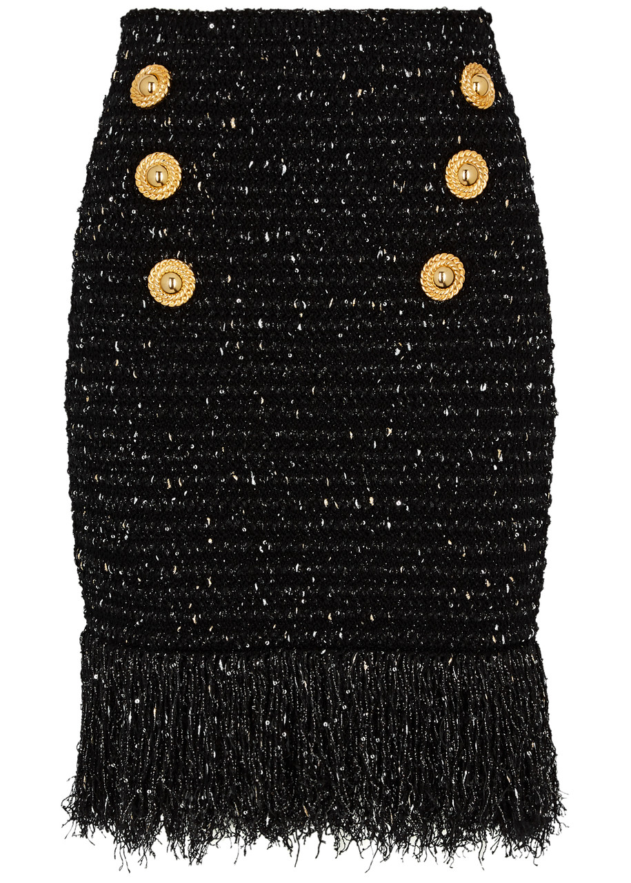 Balmain Fringed Tweed Short Skirt With 6 Buttons In Black