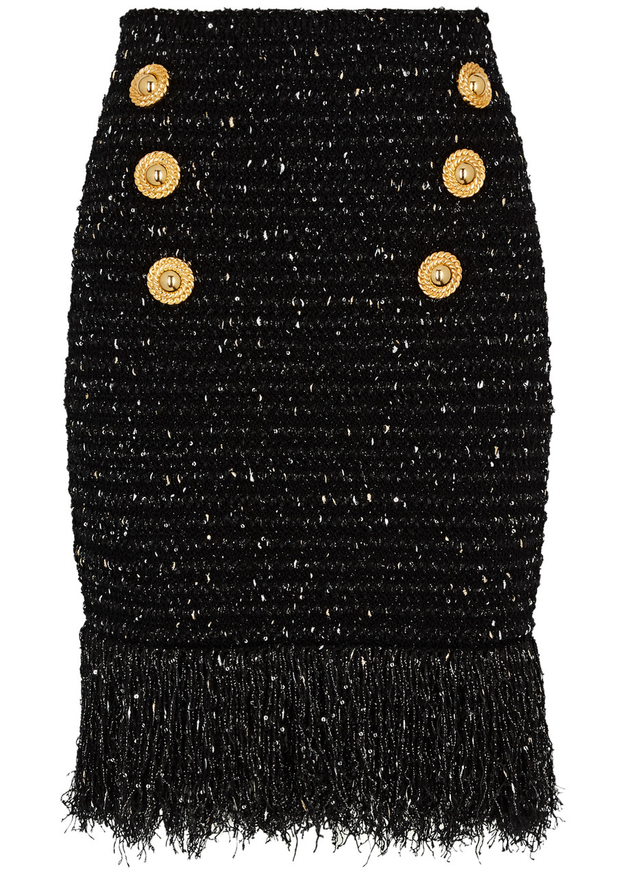 Shop Balmain Fringed Bouclé Tweed Mini Skirt In Black