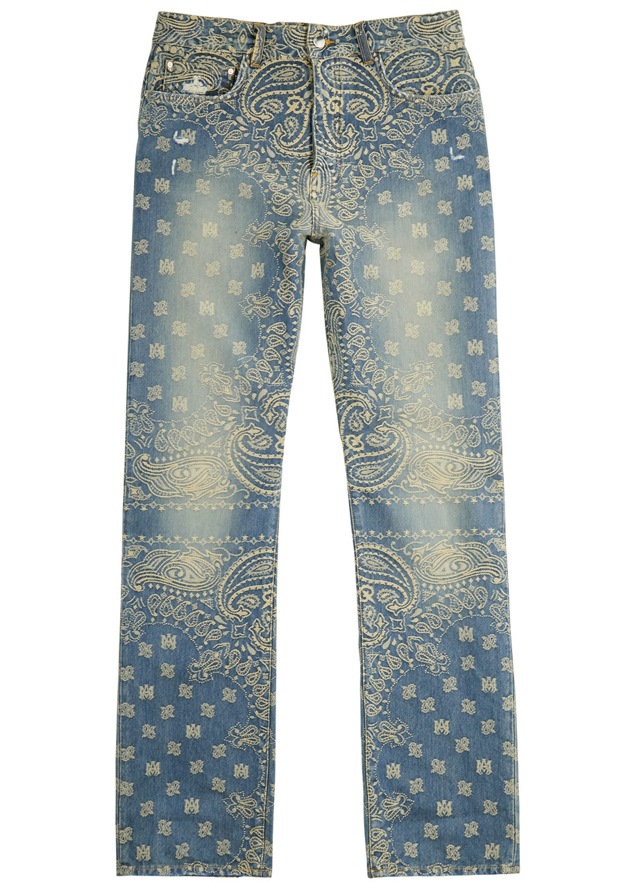 Shop Amiri Bandana-jacquard Straight-leg Jeans In Blue