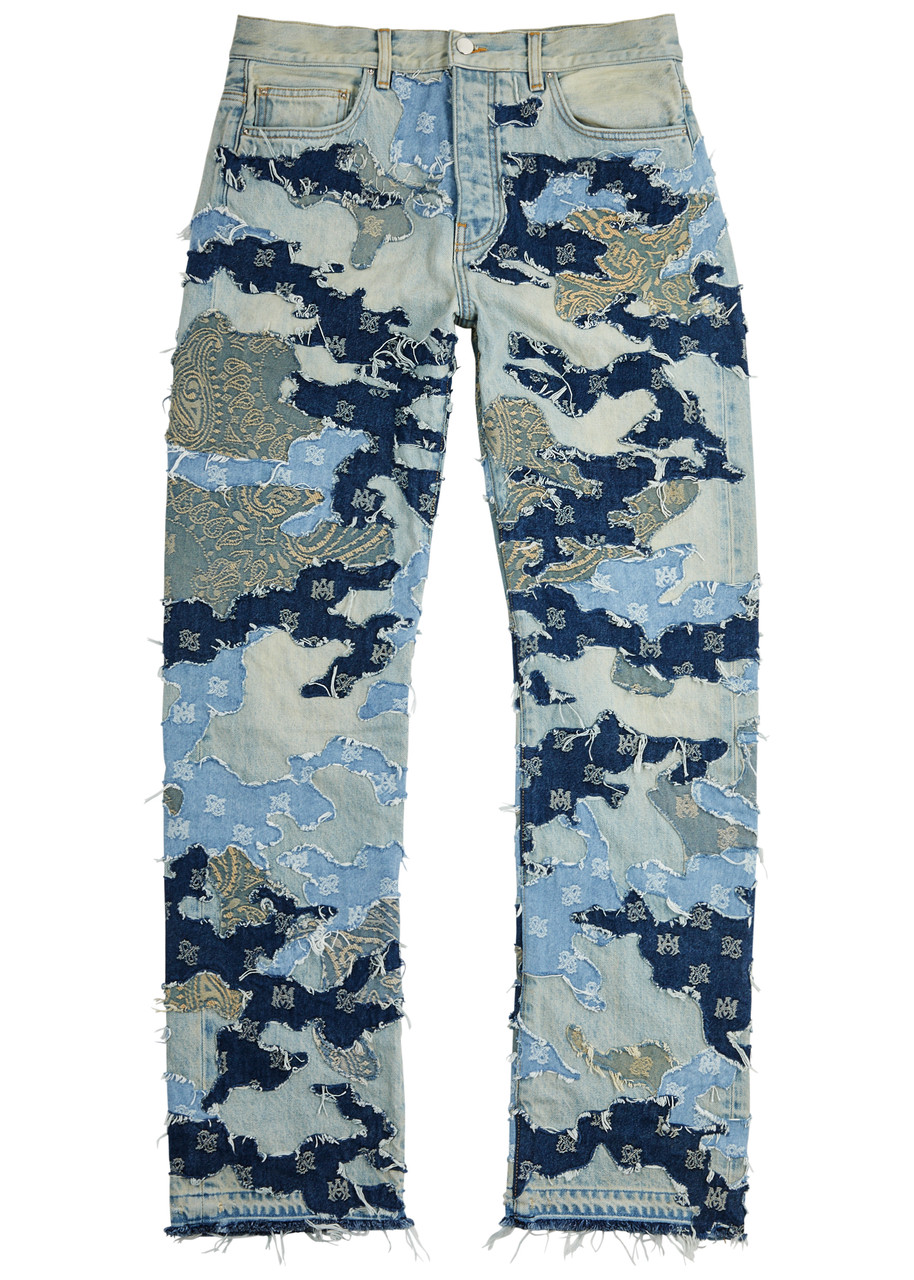 Amiri Patchwork Camouflage Straight-leg Jeans In Blue