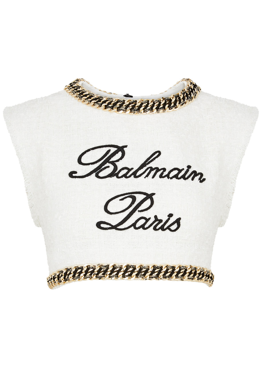 Shop Balmain Logo-embroidered Cropped Tweed Top In White