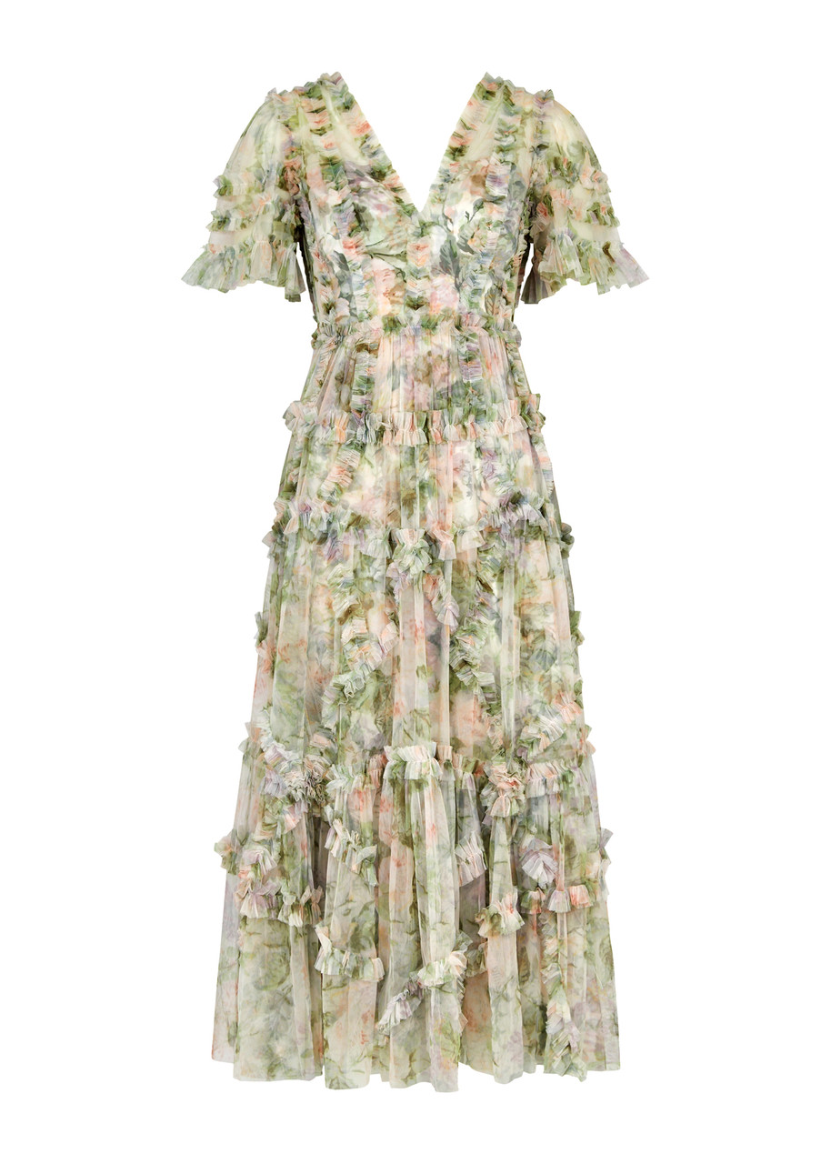 Needle & Thread Rose Powder Floral-print Ruffled Tulle Midi Dress In Multicoloured