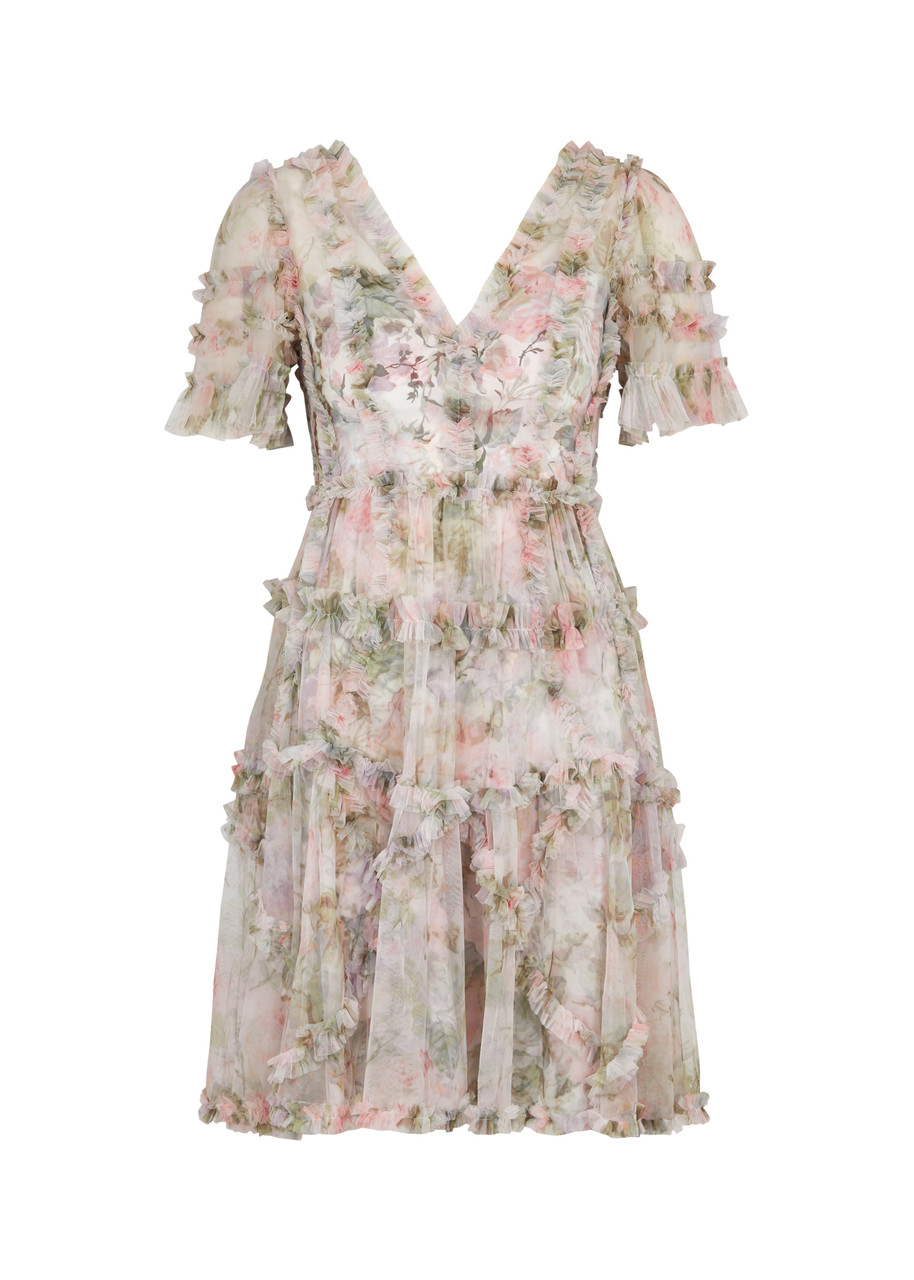 Needle & Thread Rose Powder Printed Ruffled Tulle Mini Dress In Multicoloured