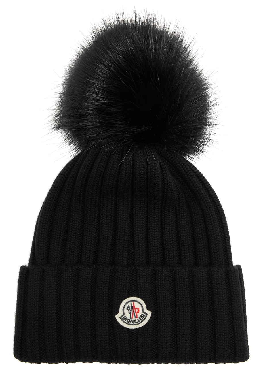 Shop Moncler Pompom Ribbed Wool Beanie In Black