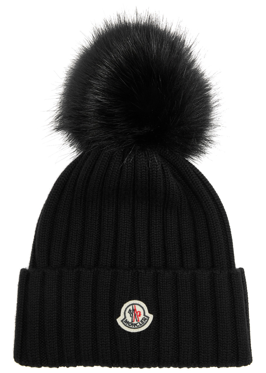Moncler Ribbed Wool Beanie With Faux Fur Pom In Black