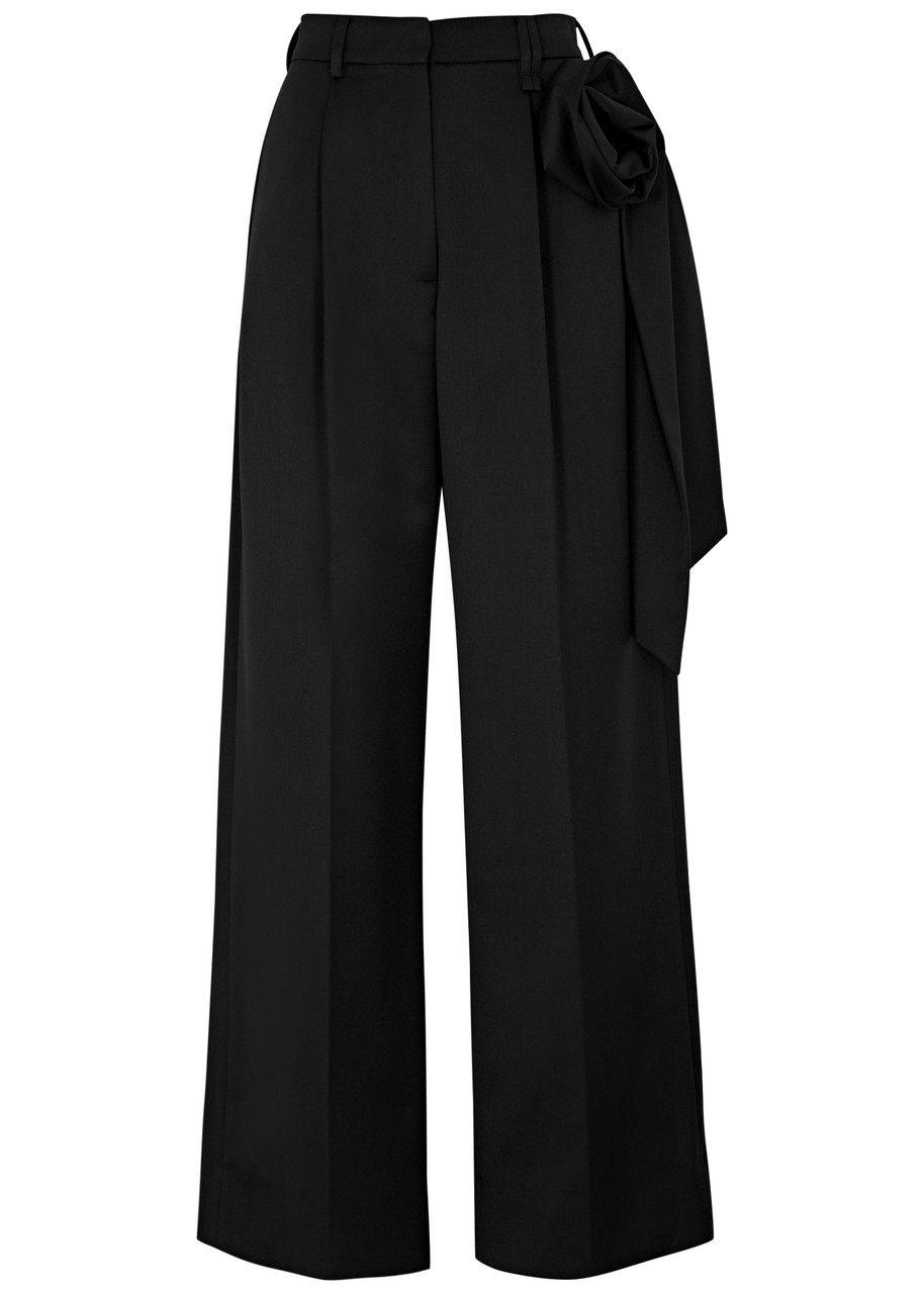 Shop Simone Rocha Floral-appliquéd Wide-leg Woven Trousers In Black