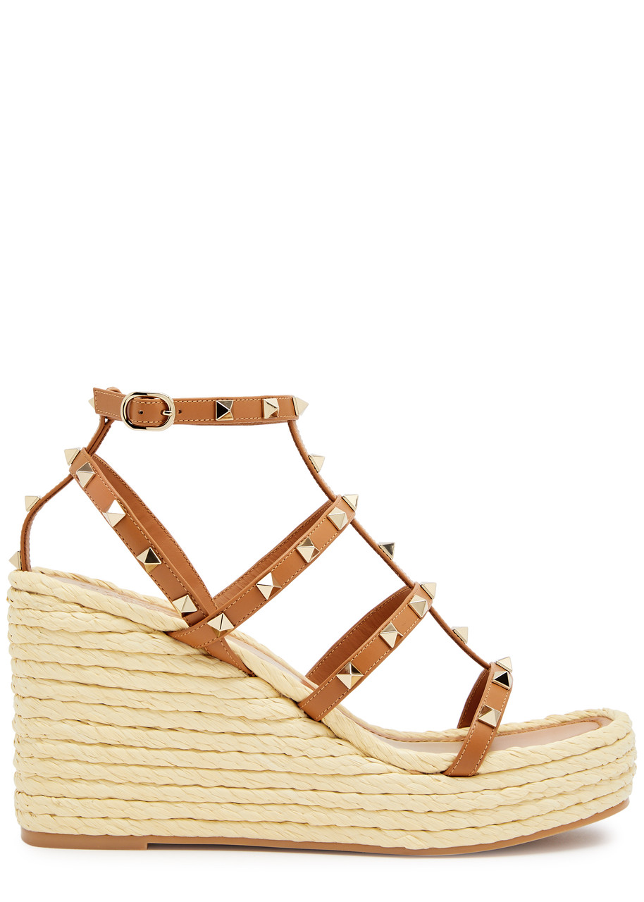 Valentino Rockstud Espadrille Wedge Sandal In Tan