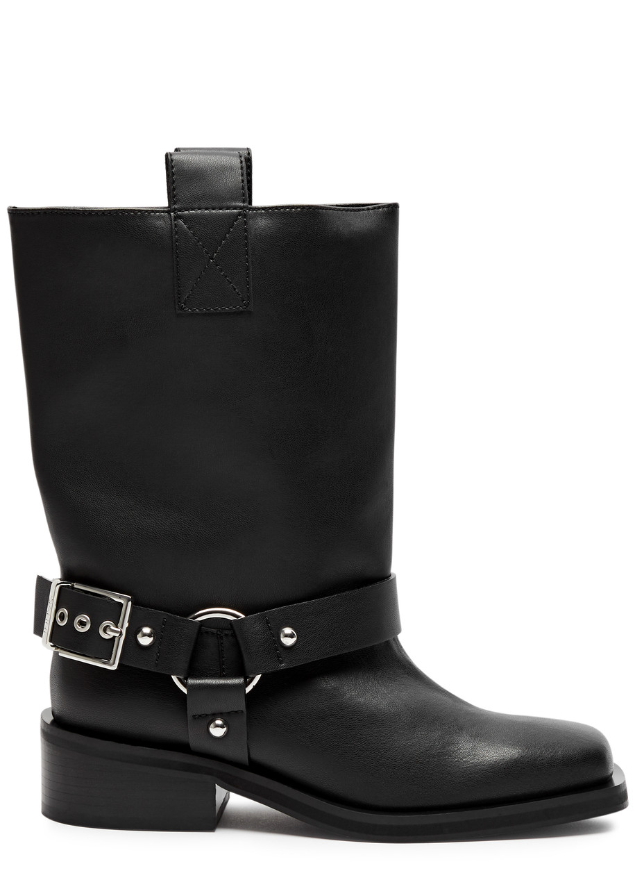Ganni Mid Calf Recycled Leather Biker Boots In Black