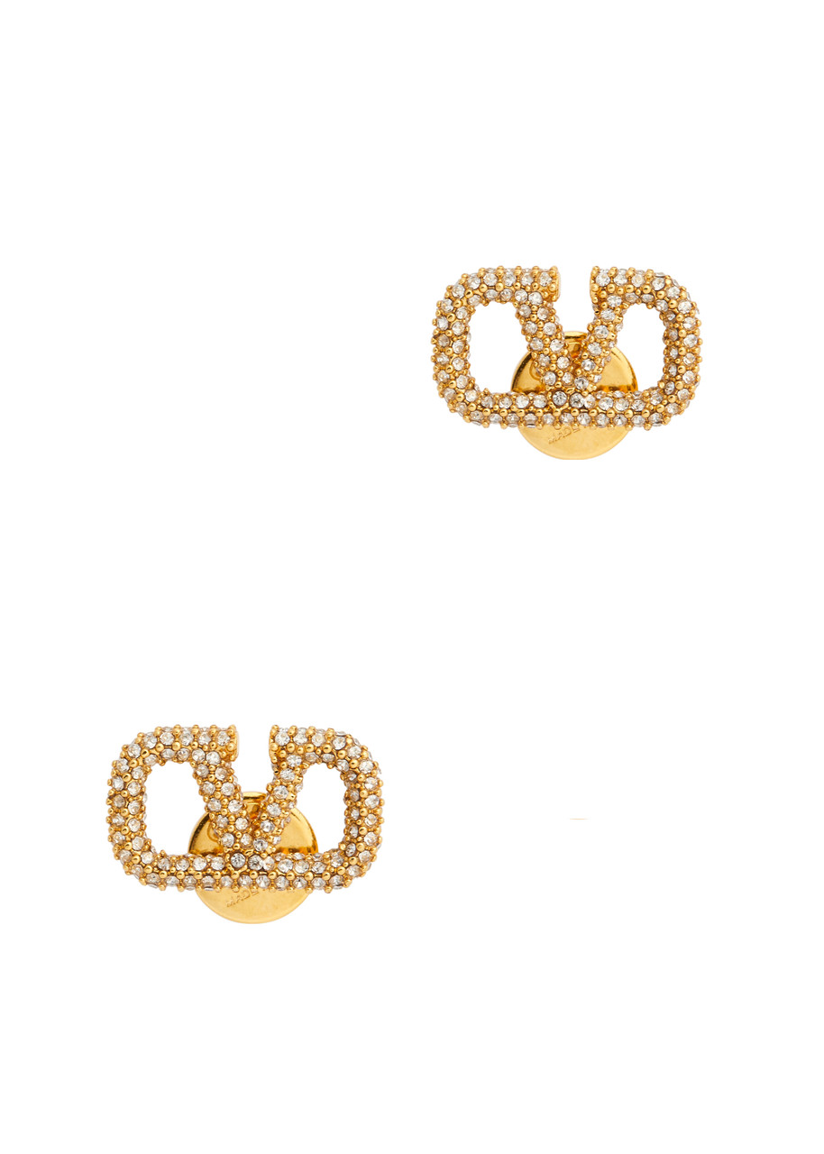 Shop Valentino Garavani Vlogo Crystal-embellished Stud Earrings In Gold