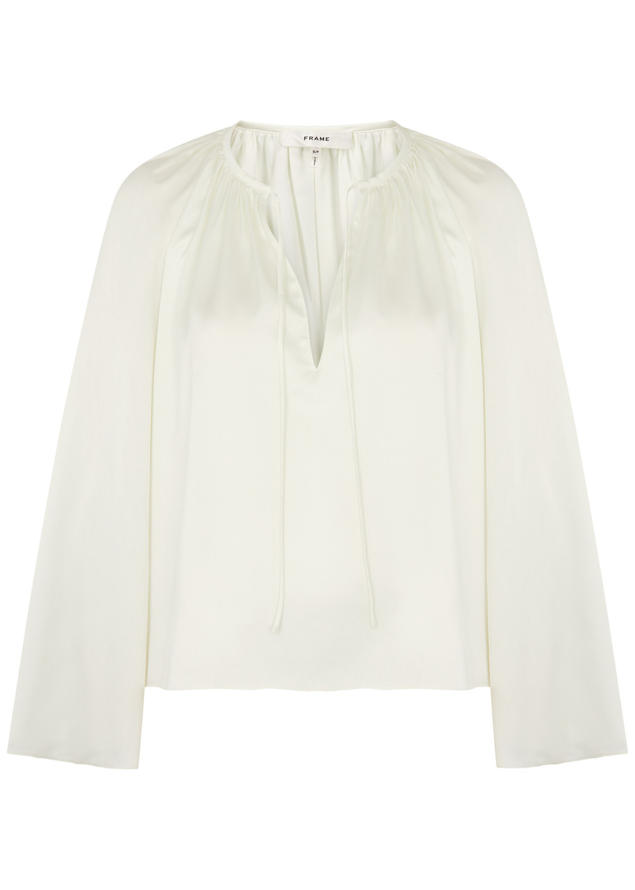 Frame Shirred Split Neck Blouse In Cream