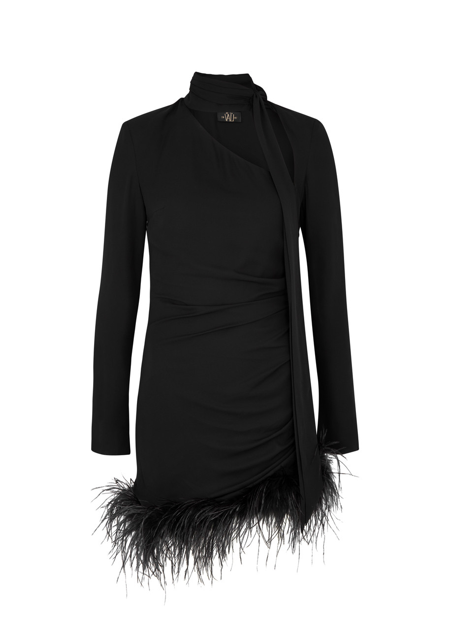 De La Vali Avenue Feather-trimmed Ruched Mini Dress In Black