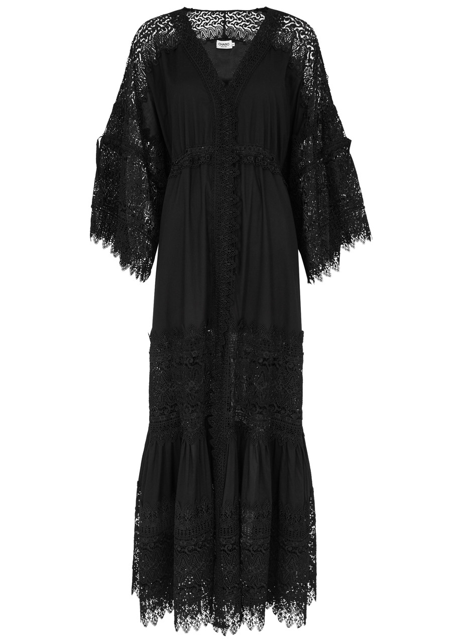 Charo Ruiz Margherita Lace-trimmed Cotton-blend Maxi Dress In Black