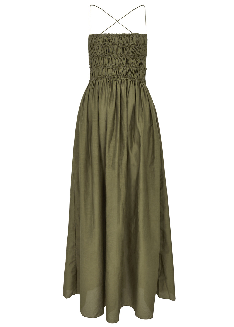 Matteau Green Shirred Maxi Dress In Olive | ModeSens