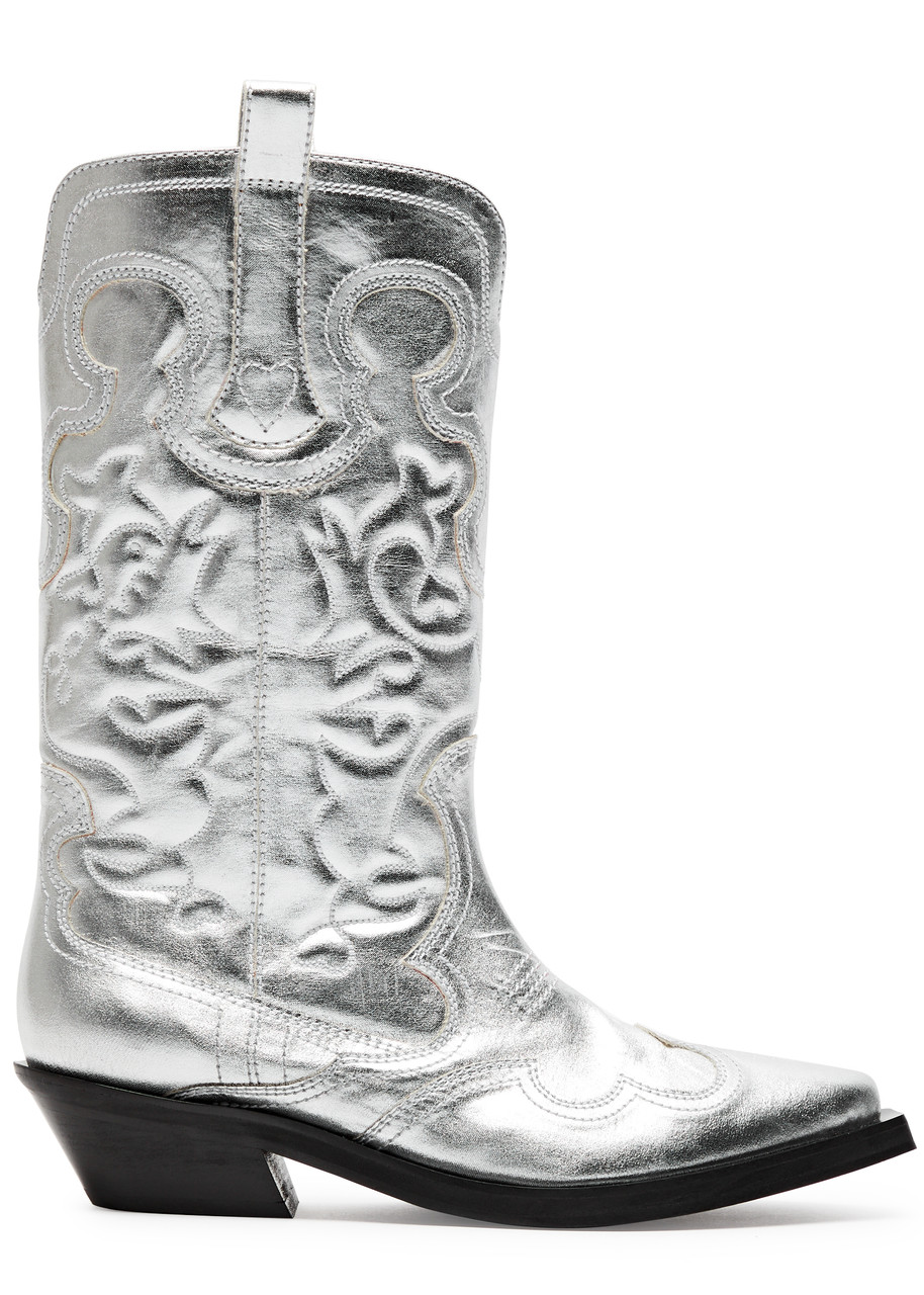 Ganni 50 Metallic Leather Cowboy Boots In Silver