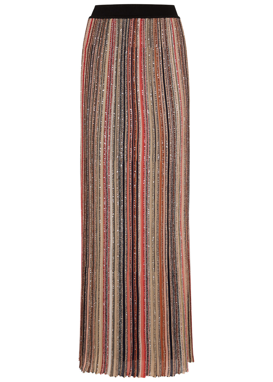 Shop Missoni Striped Embellished Ribbed-knit Maxi Skirt In Multicoloured