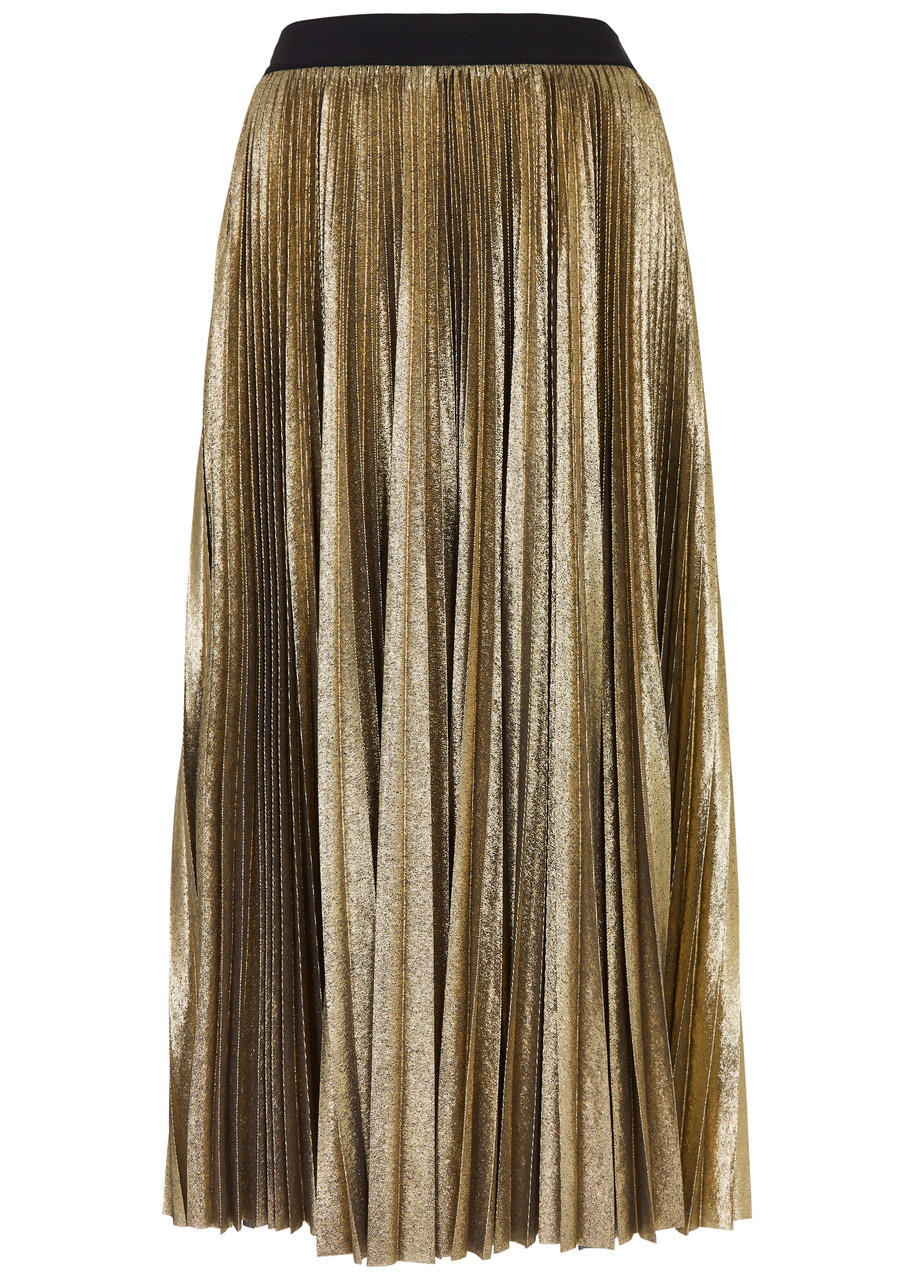 Max Mara Nurra Pleated Lamé Midi Skirt In Gold