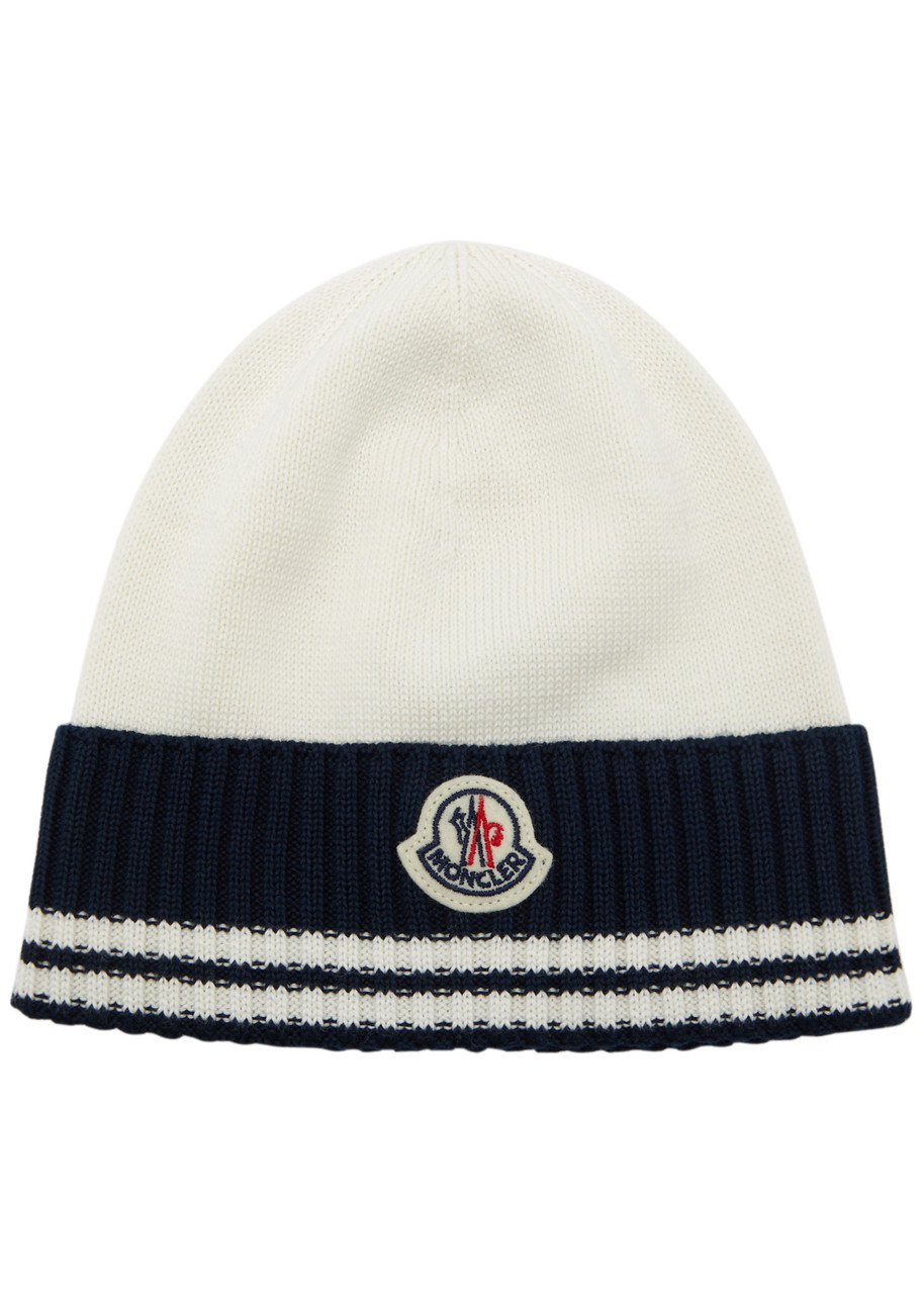 Shop Moncler Kids Striped Logo Cotton Beanie In Black