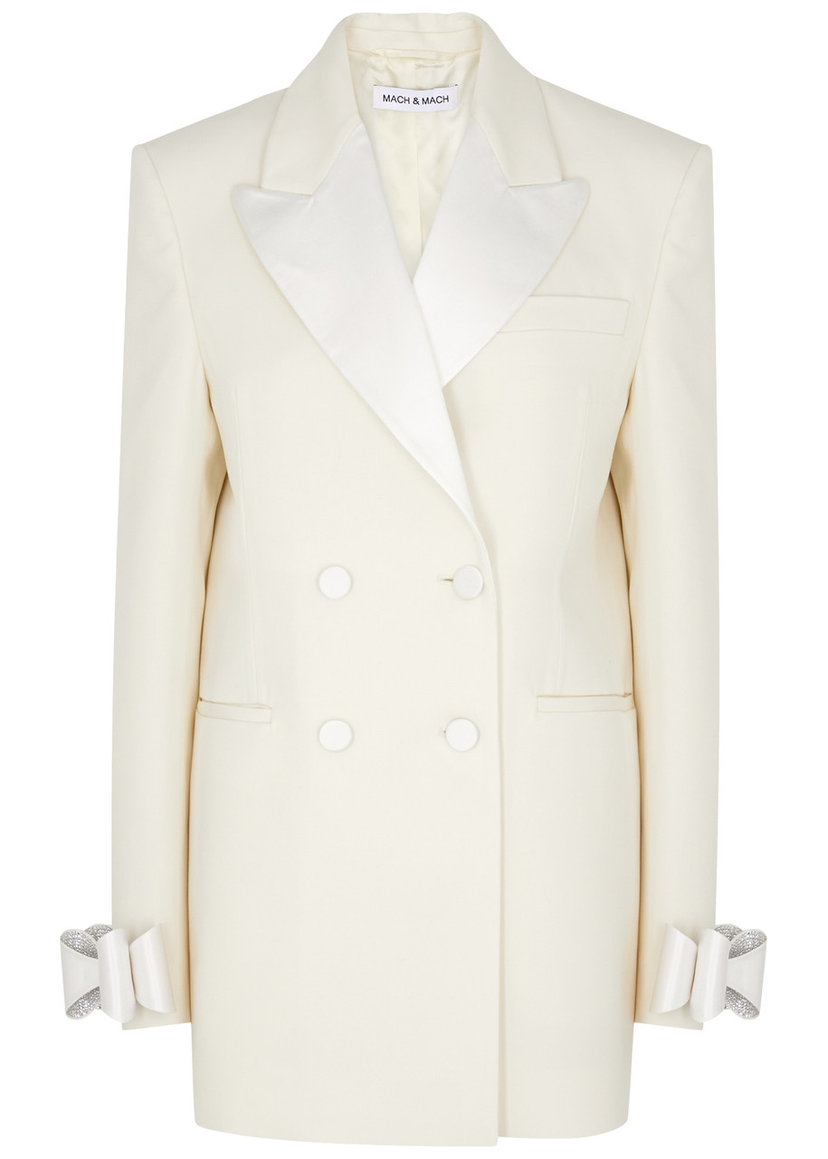 Shop Mach & Mach Bow-embellished Wool Mini Blazer Dress In Ivory