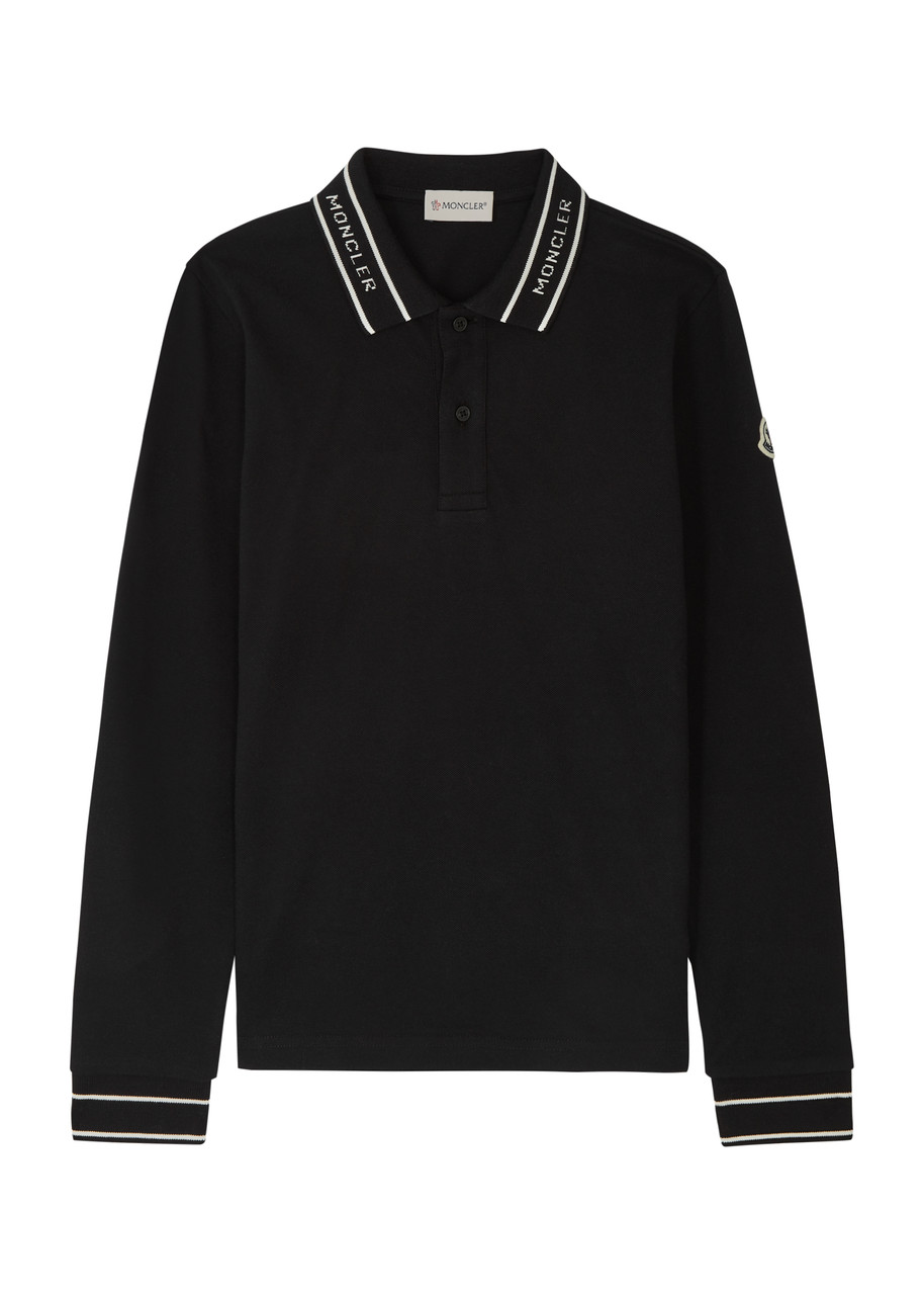 Shop Moncler Kids Logo Piqué Cotton Polo Shirt In Black
