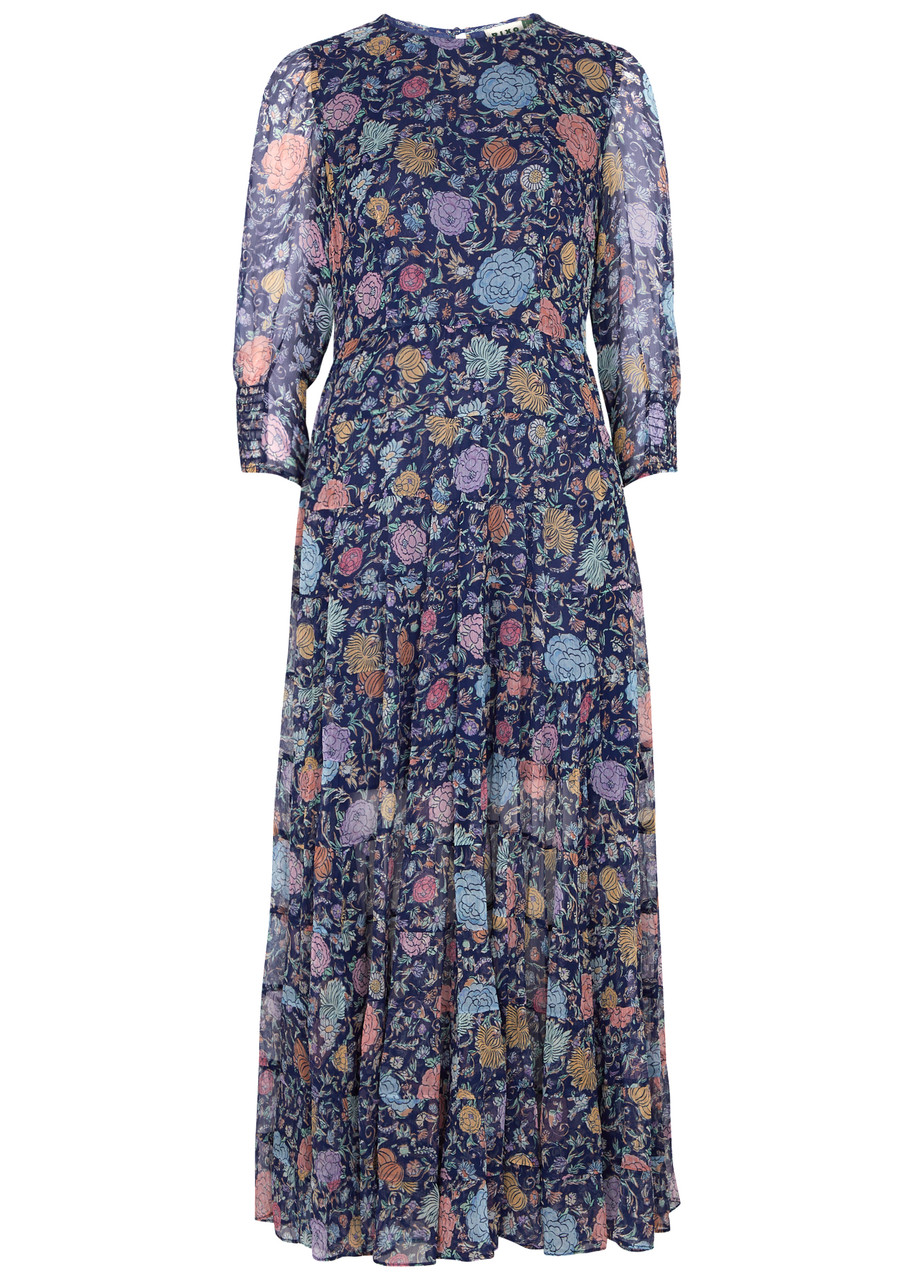 Shop Rixo London Rixo Kristen Floral-print Chiffon Maxi Dress In Navy