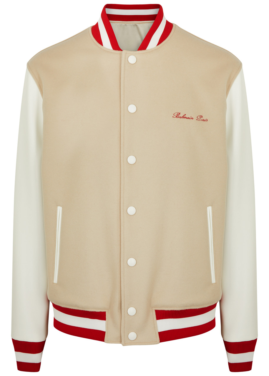 Shop Balmain Panelled Wool Varsity Jacket In Cream