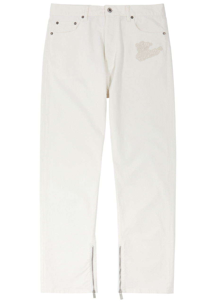 Shop Off-white Logo-embroidered Straight-leg Jeans In White