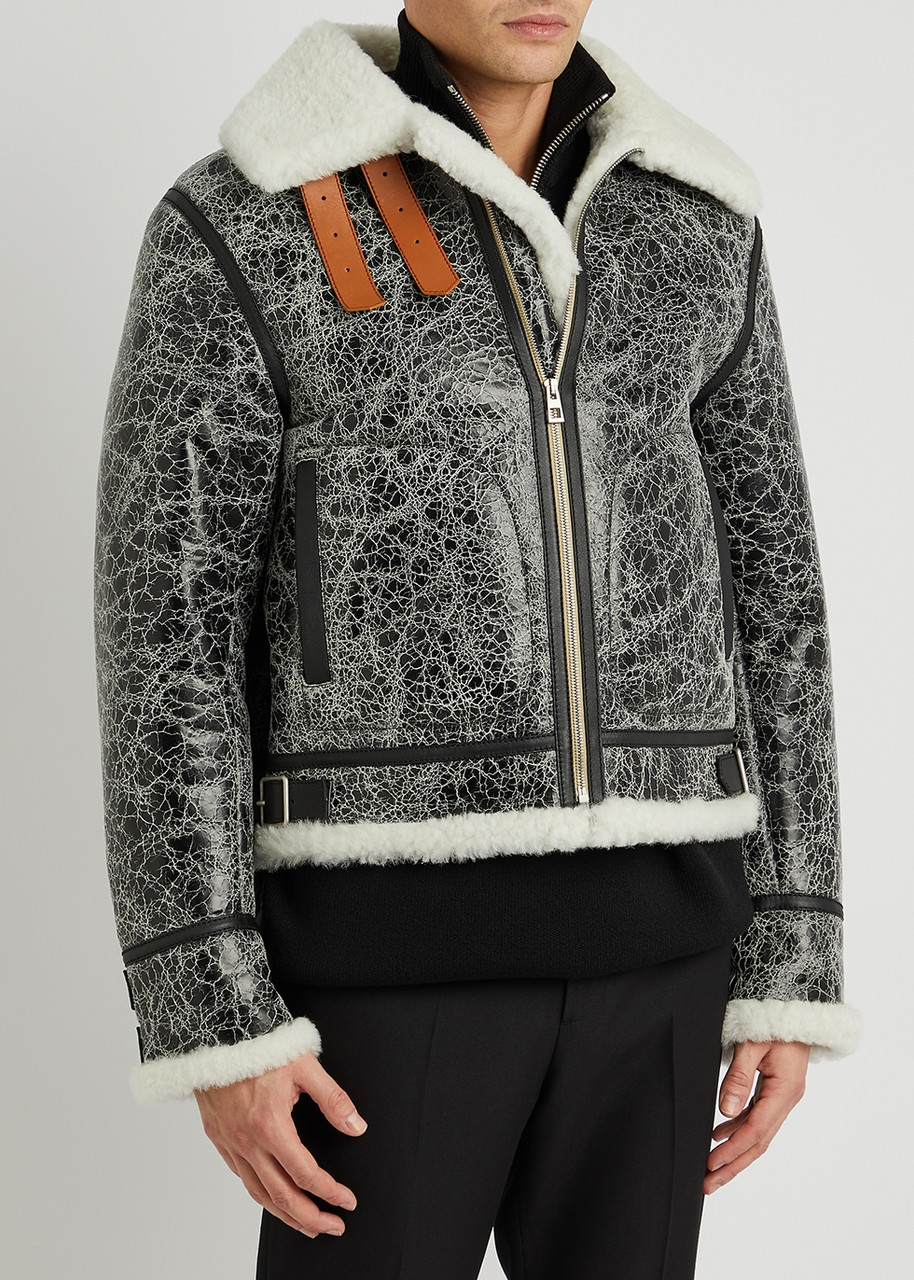  Loewe Black Crackled Shearling Aviator Jacket - 48 