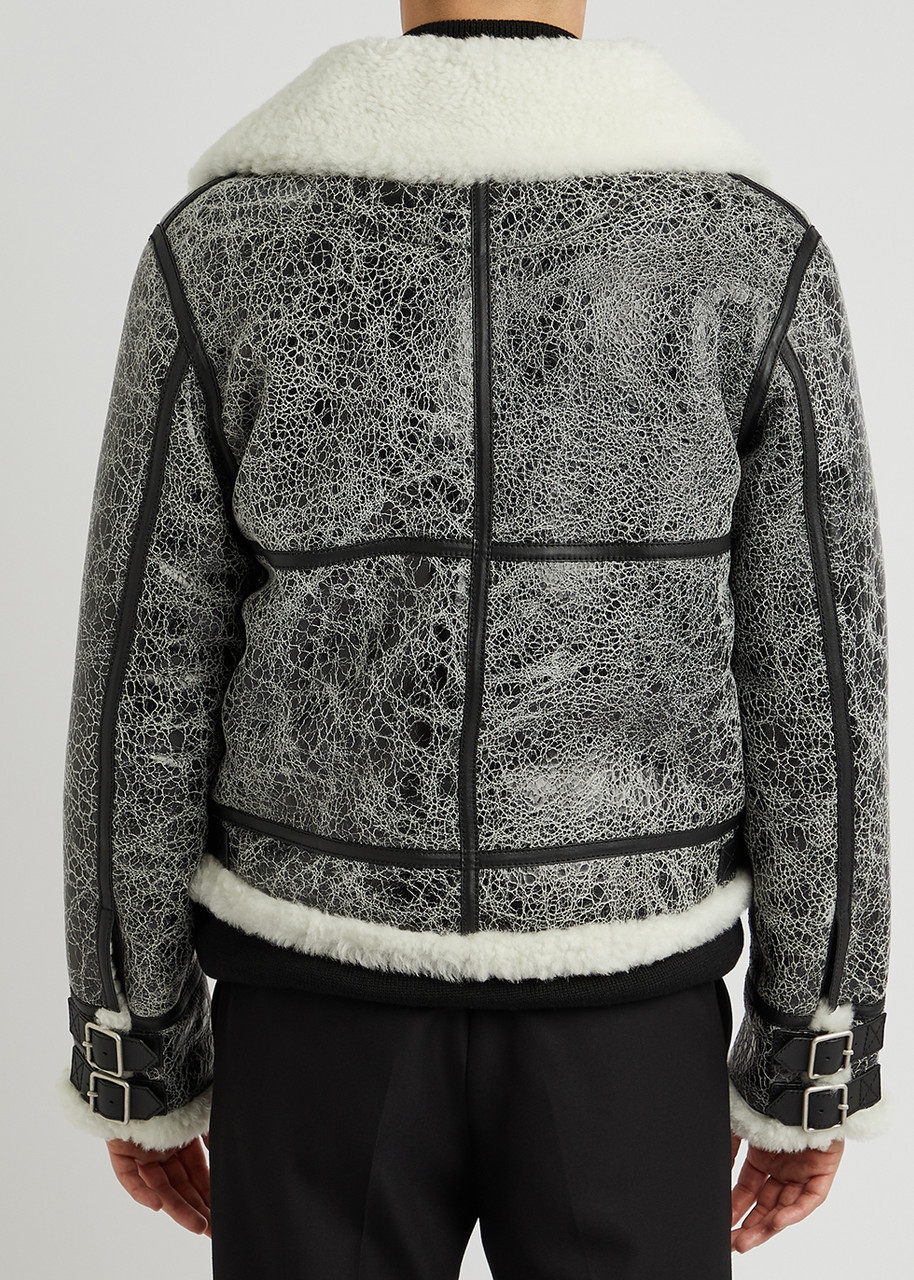  Loewe Black Crackled Shearling Aviator Jacket - 48 