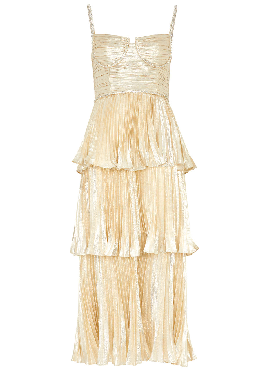 Shop Self-portrait Crystal-embellished Tiered Lamé Midi Dress In Gold