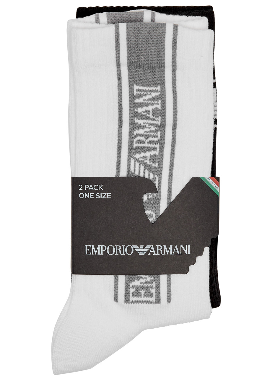 Shop Emporio Armani Logo-intarsia Cotton-blend Socks In White