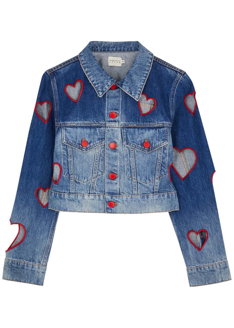 Shop Alice And Olivia Jeff Heart Cut-out Denim Jacket In Dark Blue