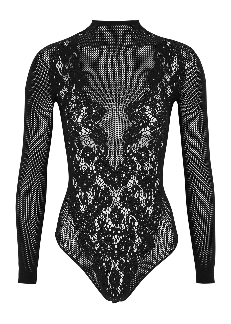 Shop Wolford Flower Lace Stretch-knit Bodysuit In Black