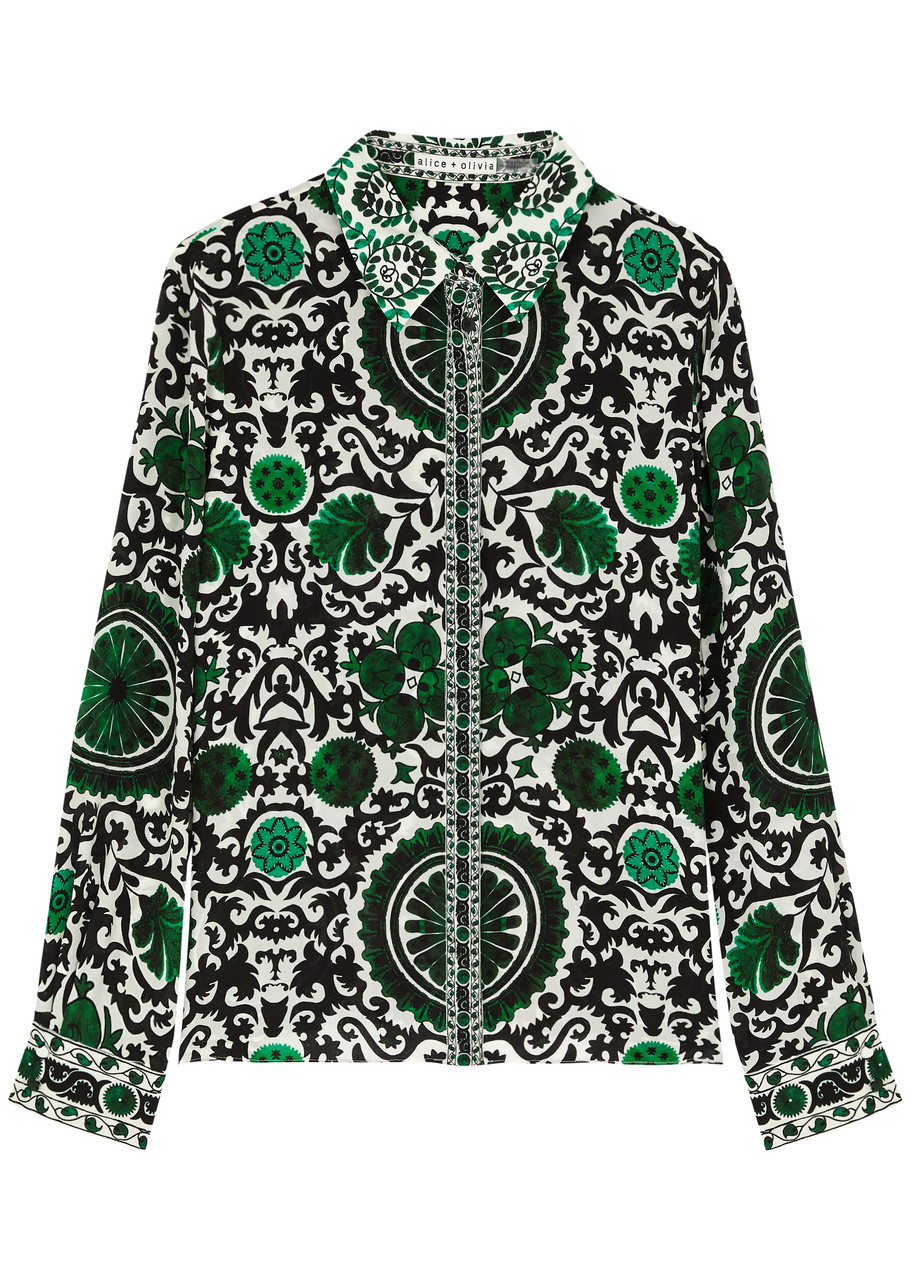 Shop Alice And Olivia Willa Monarch Printed Silk Shirt In Green