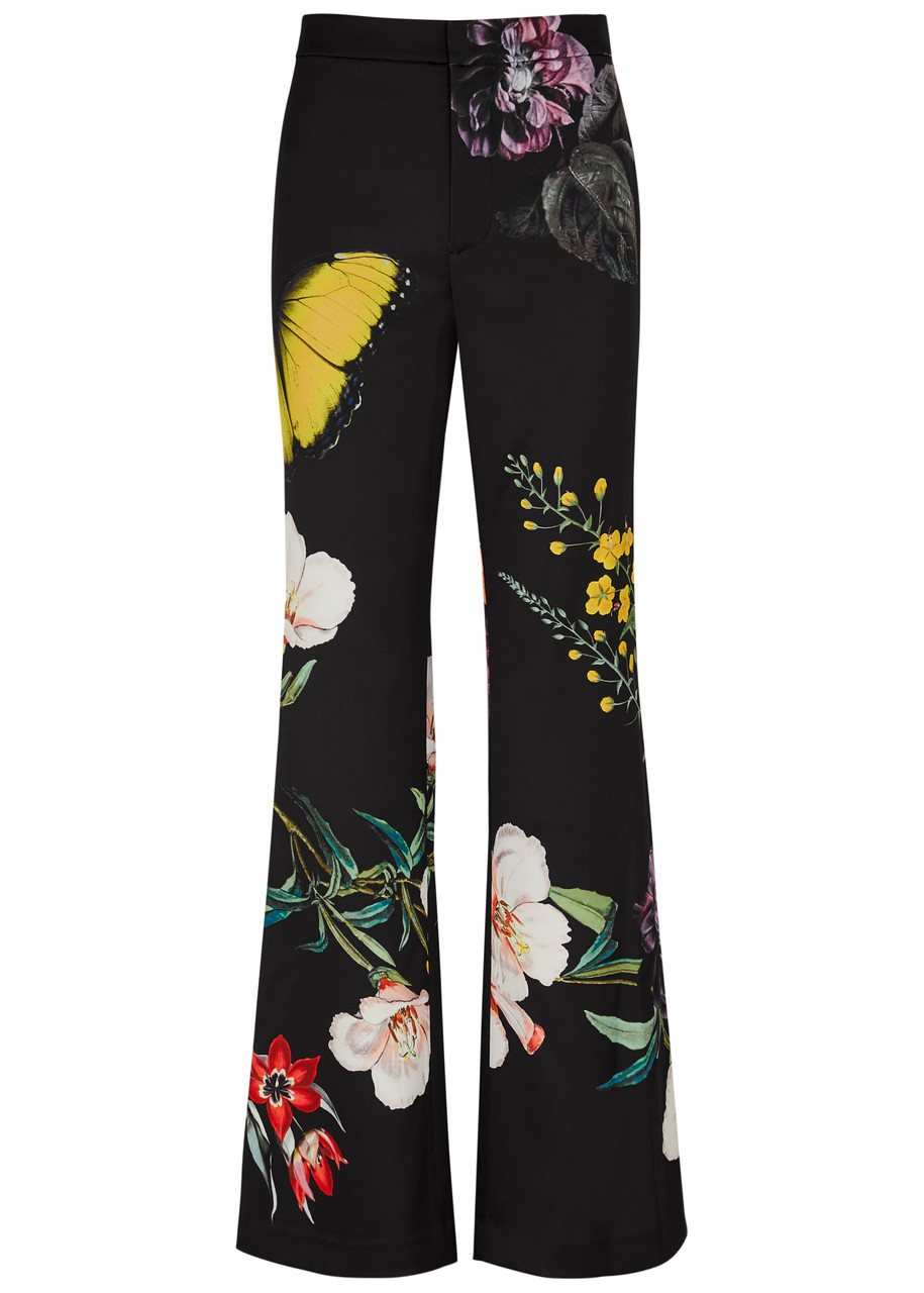 Shop Alice And Olivia Ronnie Floral-print Satin-crepe Trousers In Black