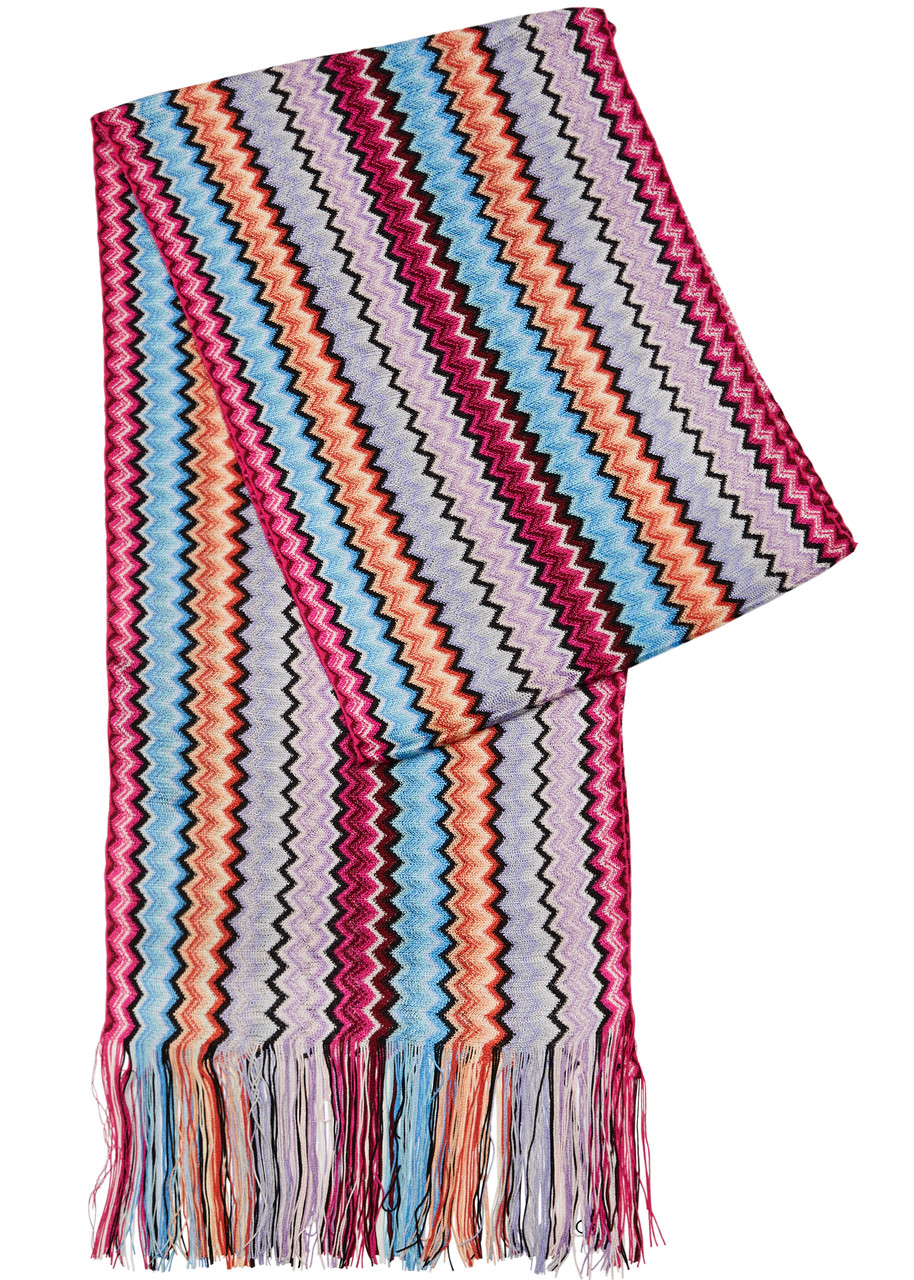 Shop Missoni Zigzag-intarsia Fine-knit Scarf In Multicoloured 1